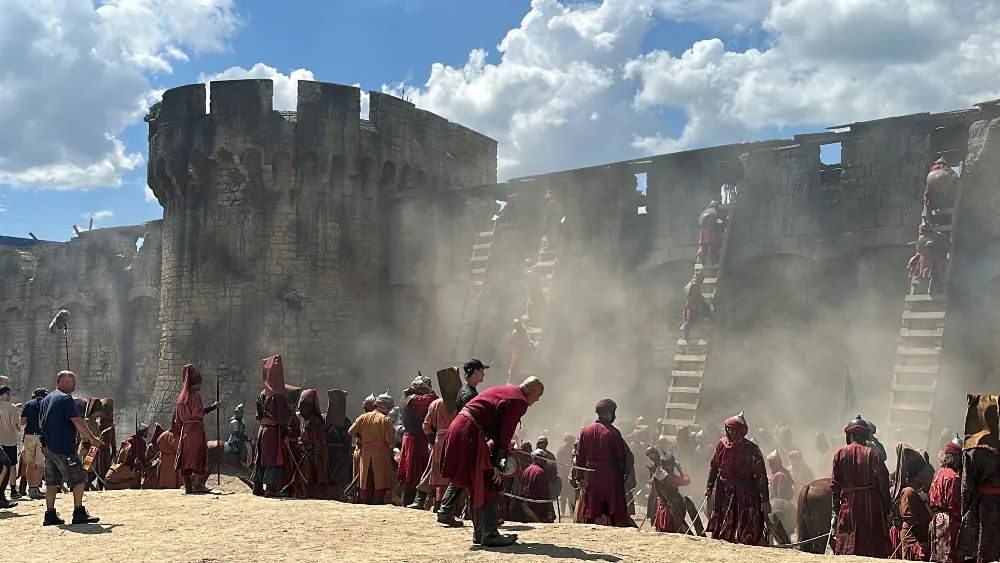 historical film production scene shooting in Hungary castle set